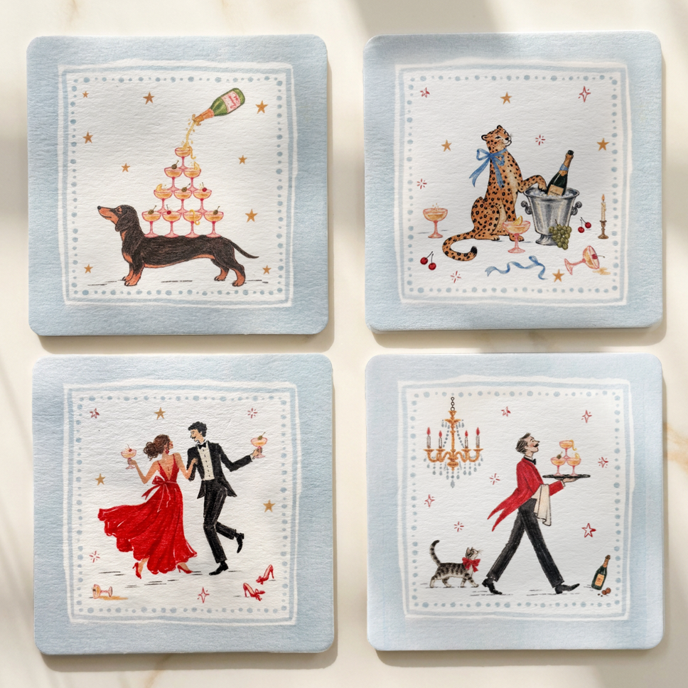 Champagne & Company coasters in all four designs